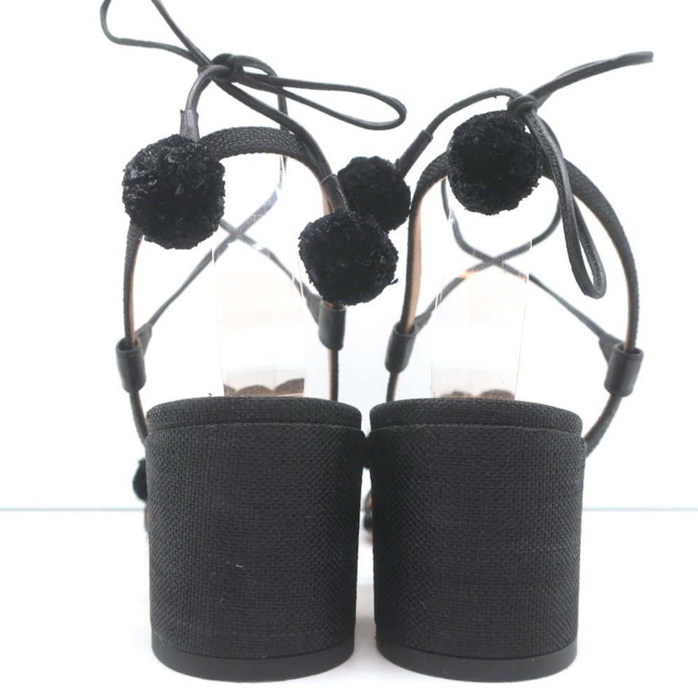 AQUAZZURA POM POM ANKLE TIE SANDALS BLACK RAFFIA SIZE 39 OPEN TOE MID-HEEL - Picture 7 of 9